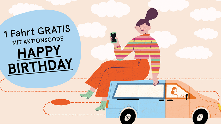 Illustration einer fröhlichen Frau, die auf einem fahrenden Kleinbus sitzt und ein Smartphone in der Hand hält. Links im Bild steht in einem blauen Kreis der Text: "1 Fahrt GRATIS mit Aktionscode HAPPY BIRTHDAY". Der Hintergrund zeigt Wolken und eine gestrichelte orange Linie als Fahrtroute.